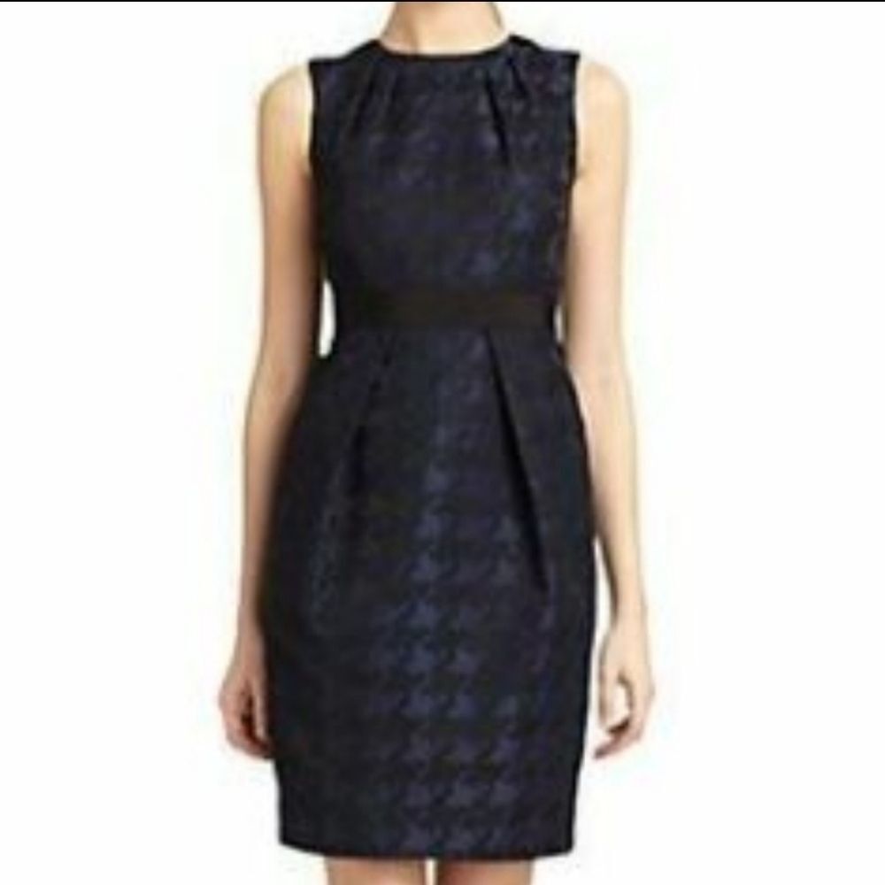 Carmen Marc Volvo Sheath Dress Houndstooth Jaquared Textured Blue Black  Size 10